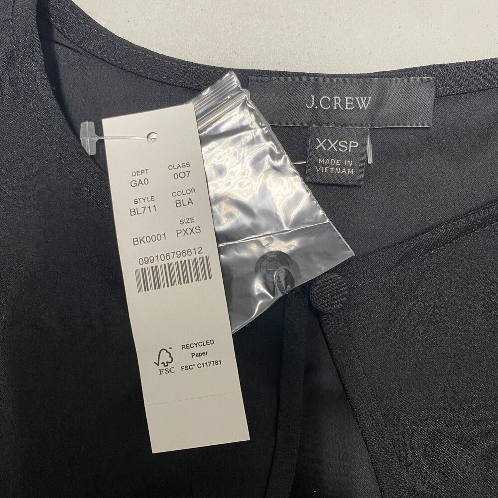 J Crew Shirt Womens 2XS Petite Black Puff Sleeve Satin Back Crepe Office BL711 - Picture 6 of 9